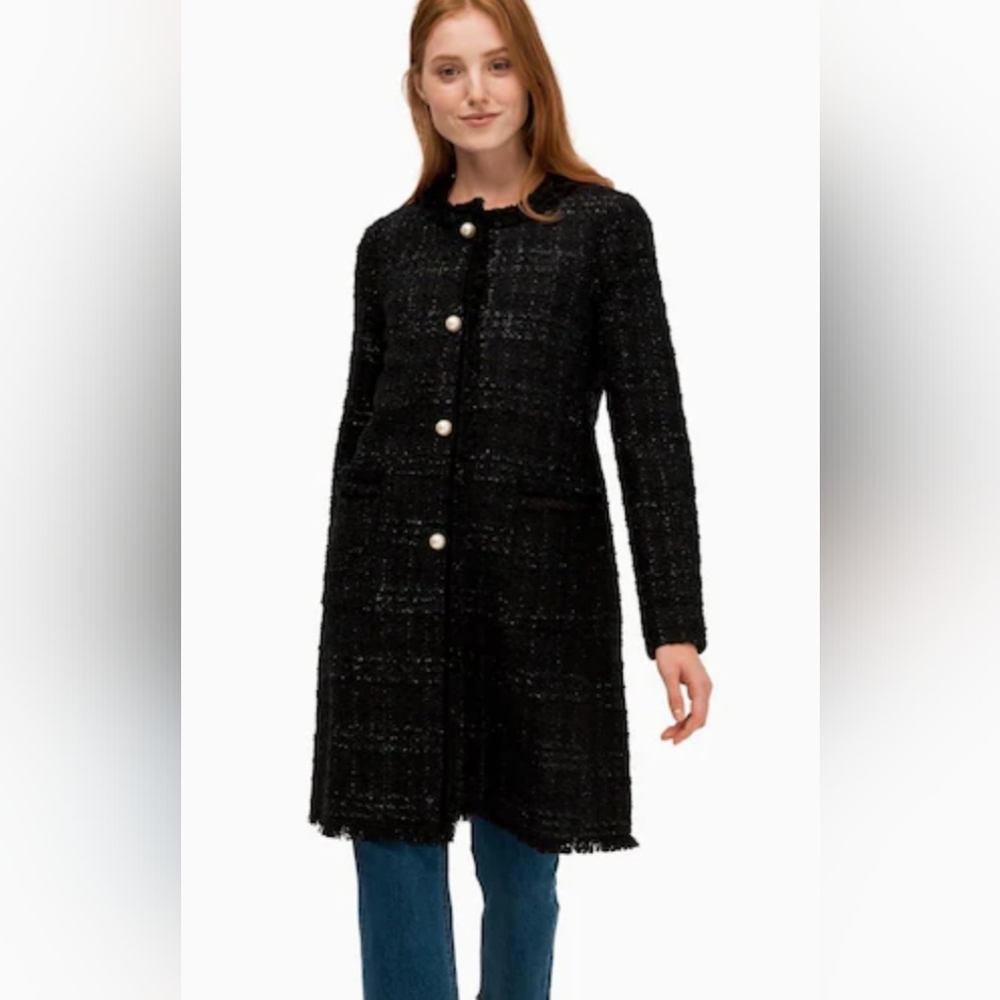NWOT Kate Spade Pearl Button Sparkle Tweed Black Coat